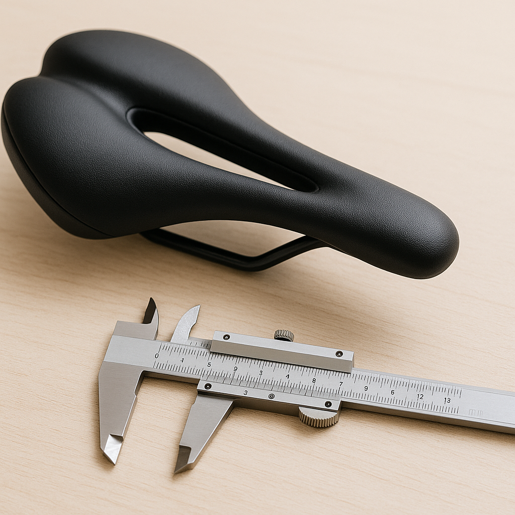 Fahrradsattel auf Tisch, daneben ein Maßwerkzeug
