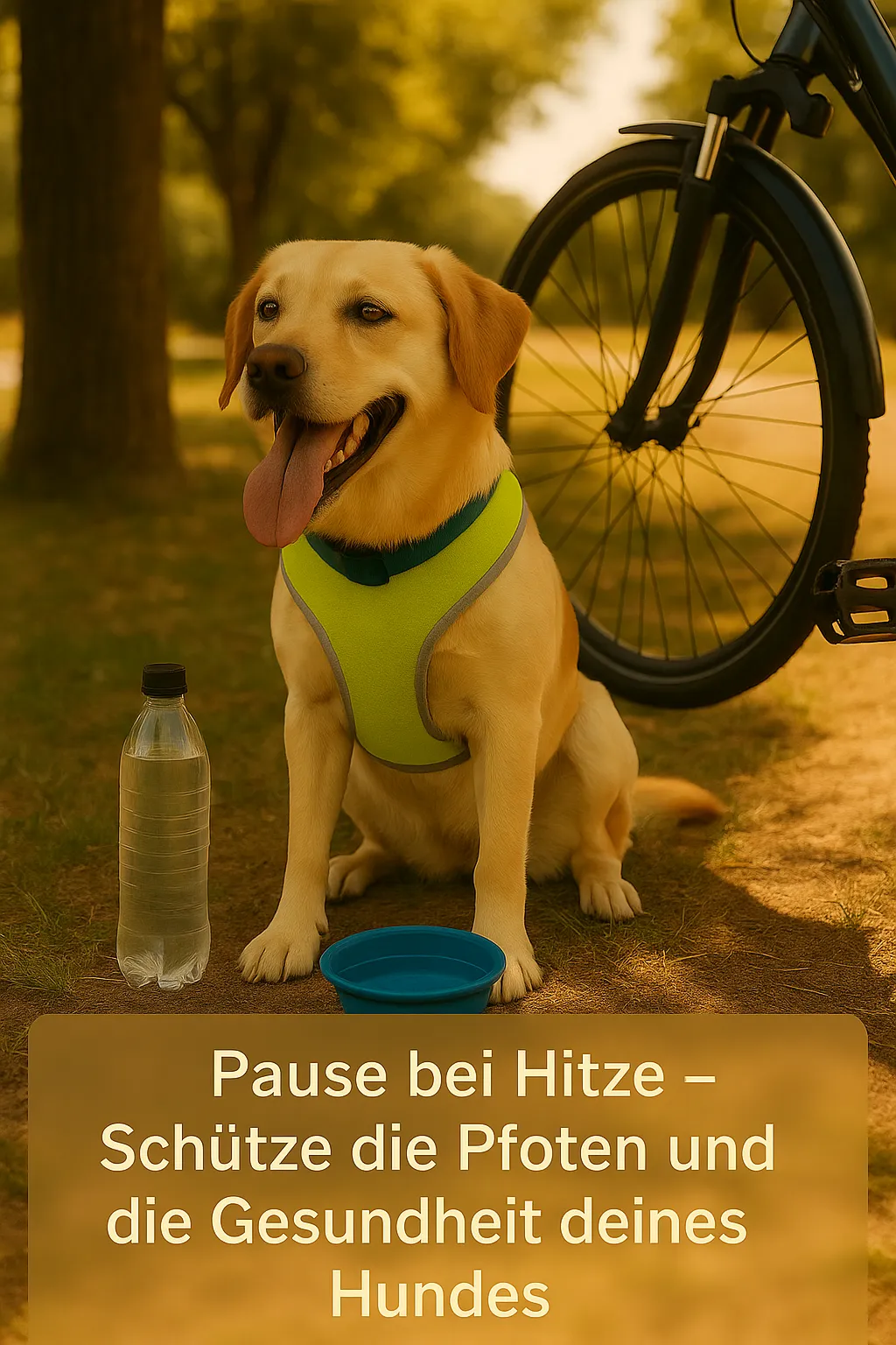 Hund sitzt im Schatten neben Fahrrad mit Wassernapf – Hinweis zur Hitzepause