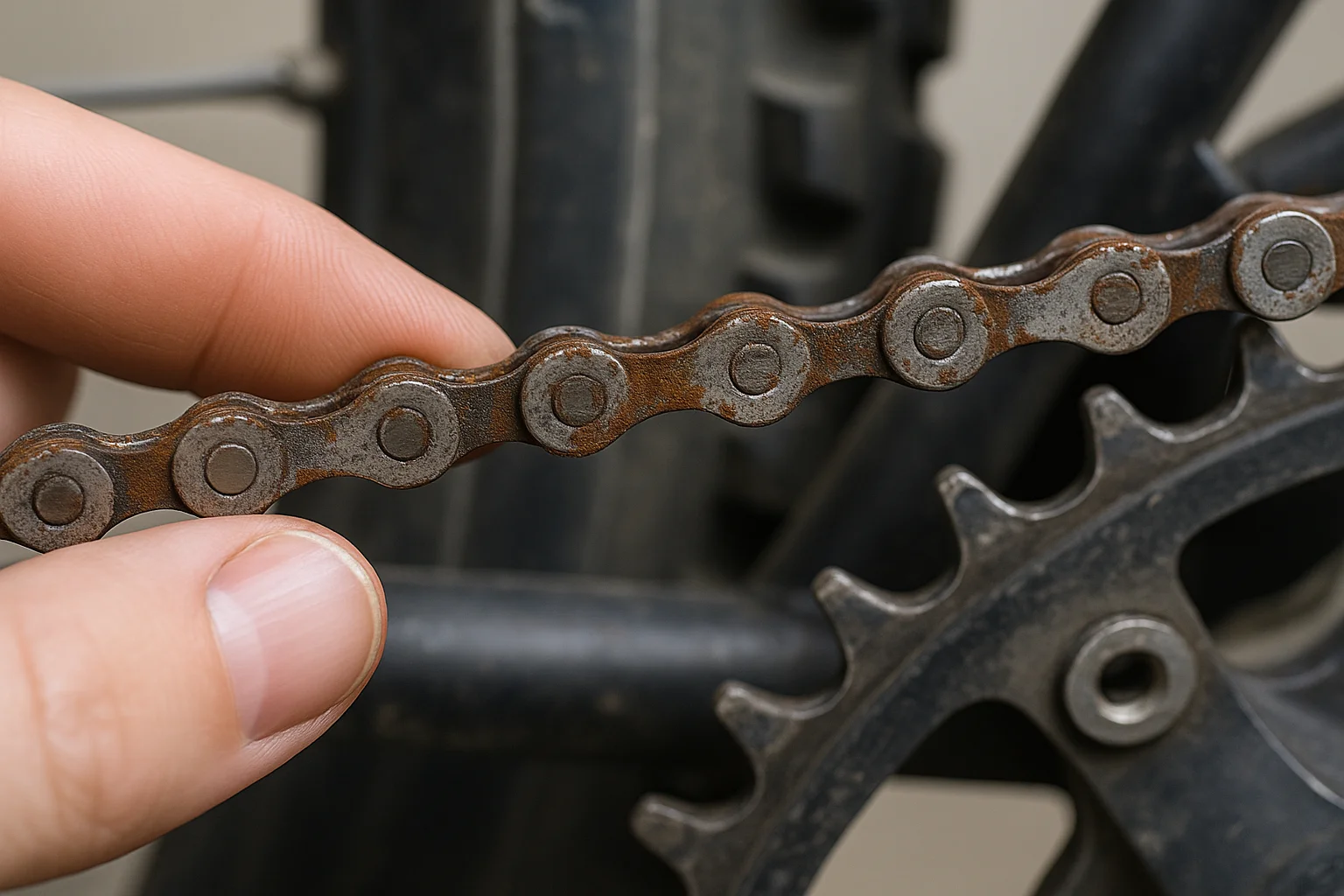 Rostige Fahrradkette in Nahaufnahme