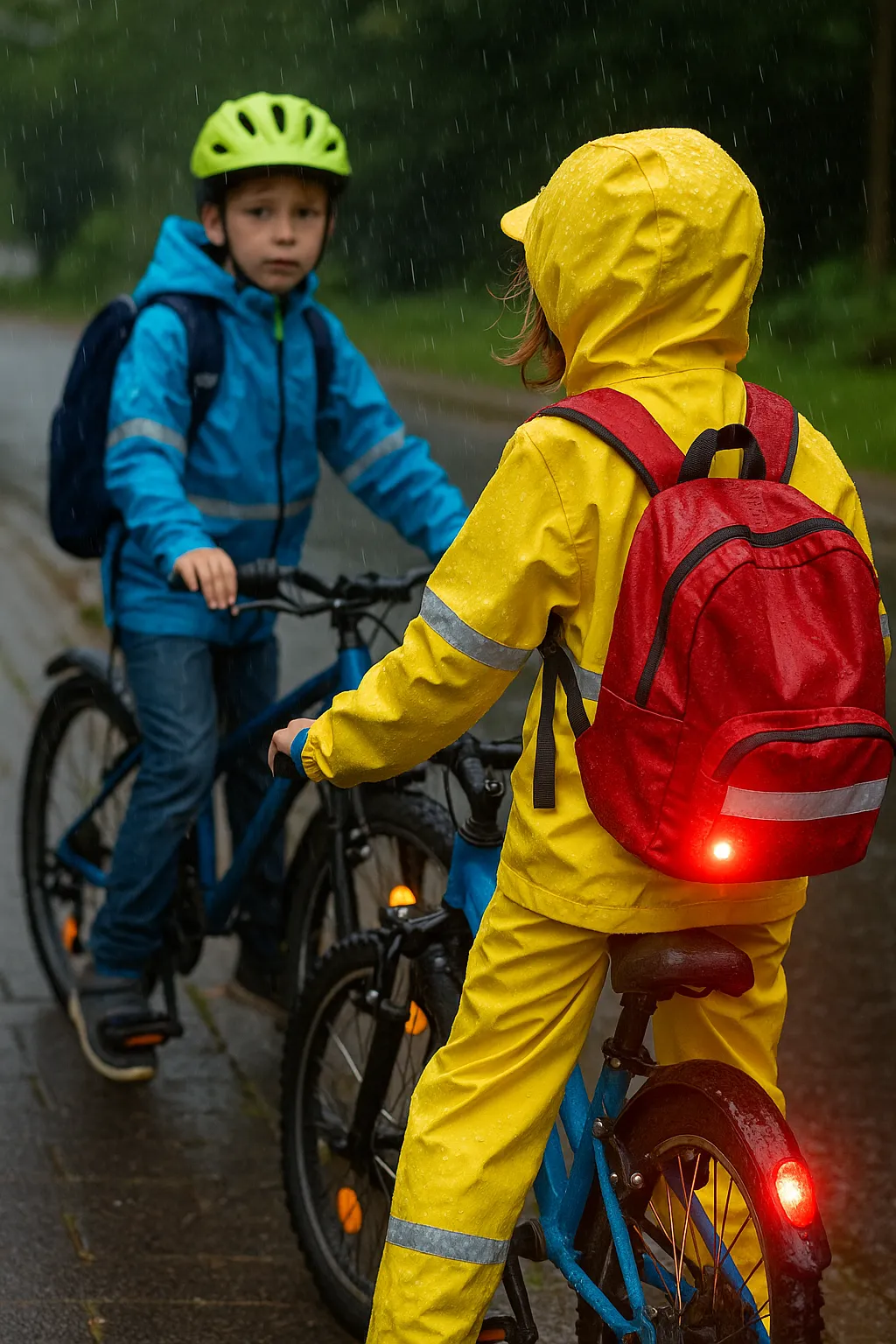Kinder mit reflektierender Regenkleidung und Blinklichtern am Fahrrad