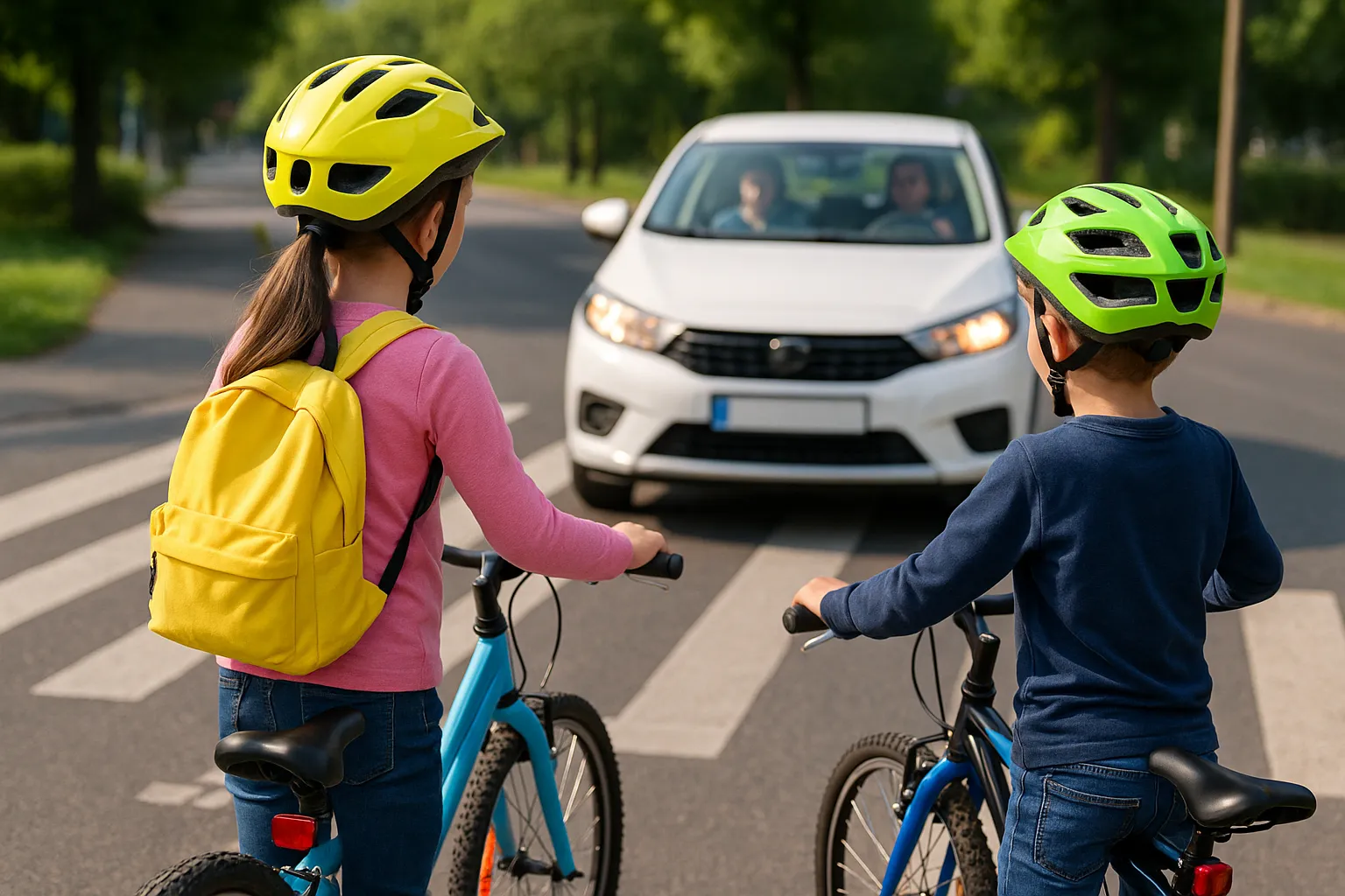 Kinder üben Verkehrsregeln mit Fahrrad an Zebrastreifen
