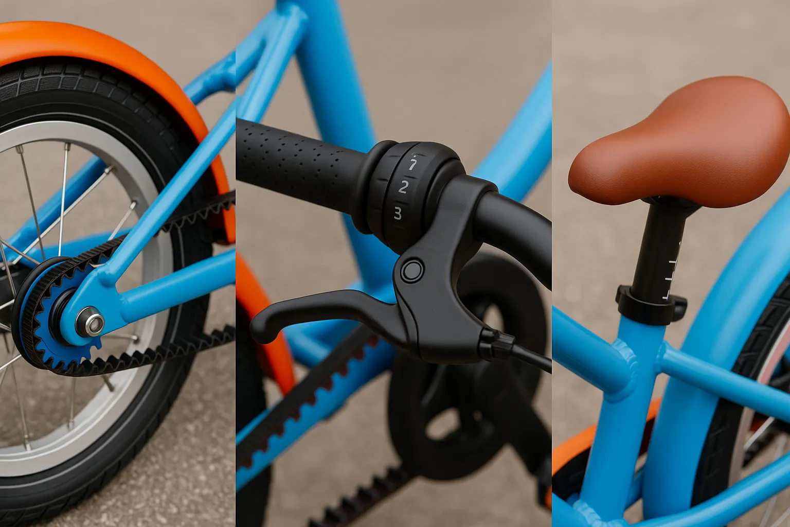 Details: Riemenantrieb, Drehgriff, verstellbarer Sattel