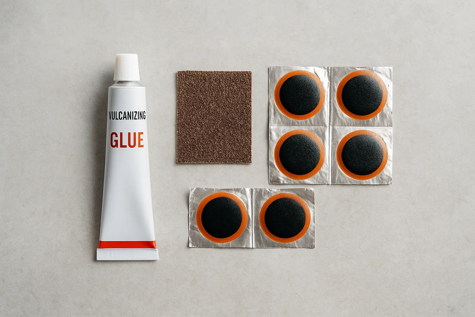 Klassisches Flickzeug für Fahrradschläuche mit Kleber, Flicken und Schmirgelpapier