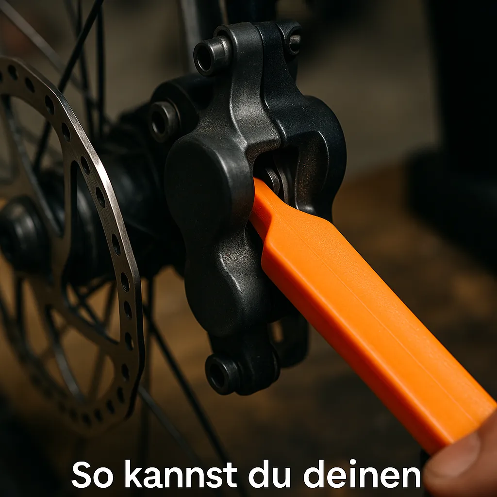 Kolben am Bremssattel wird mit Kunststoffreifenheber zurückgedrückt