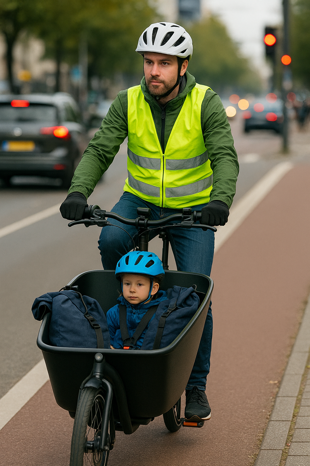 Lastenrad mit Kind und Gepäck im Stadtverkehr