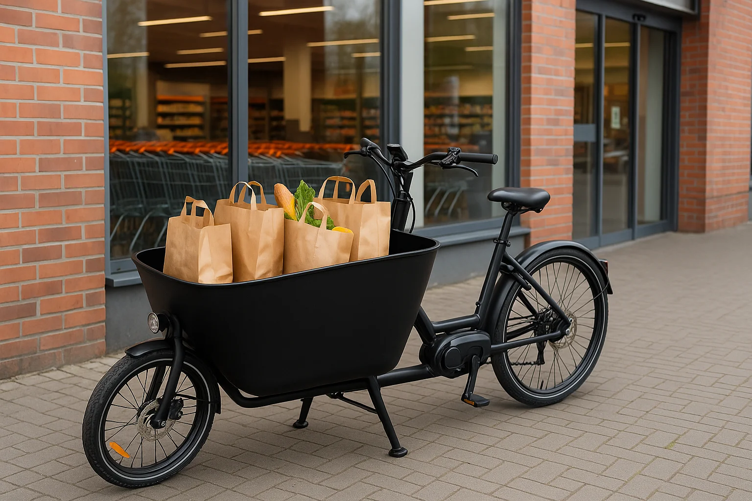 Lastenrad vor Supermarkt mit Einkauf