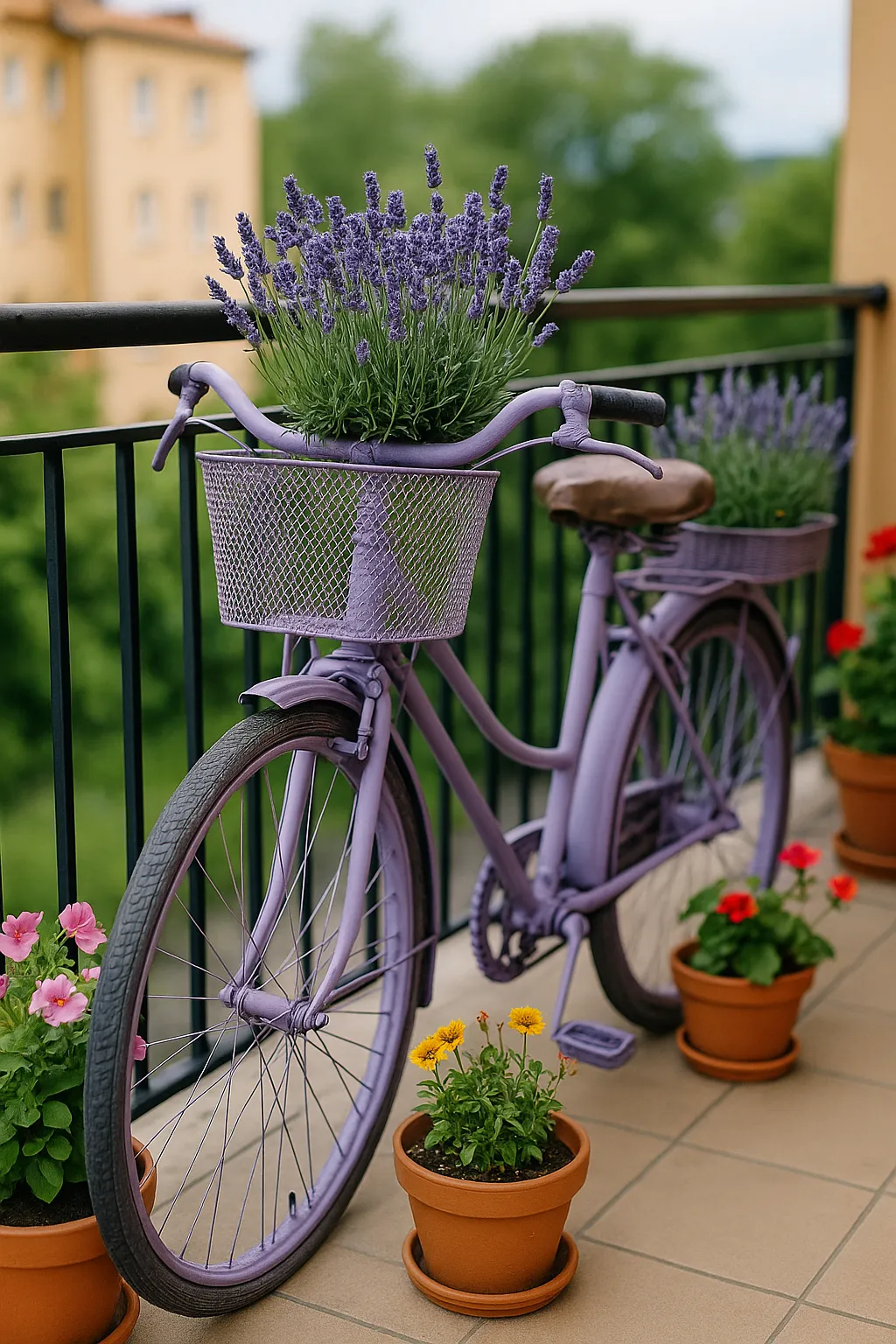 Upcycling-Fahrrad mit Lavendel auf dem Balkon dekoriert