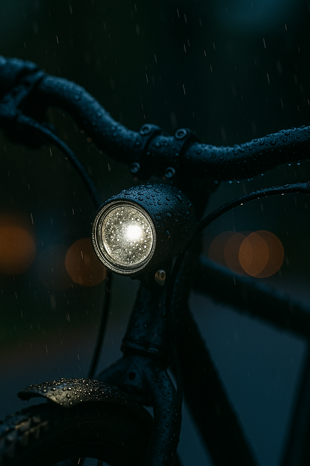 Detailaufnahme einer nassen Fahrradlampe im Regen