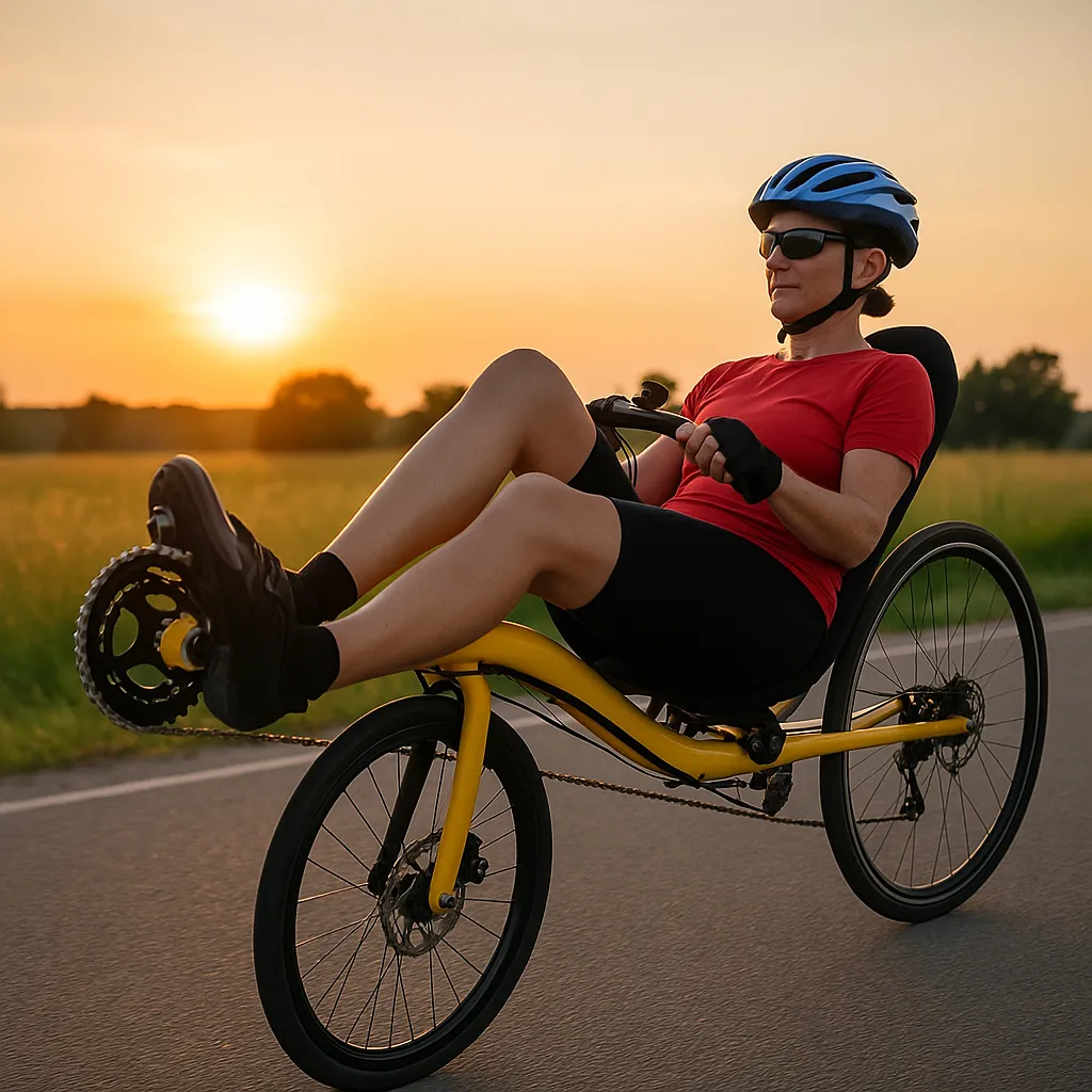Liegeradfahrer auf Landstraße bei Sonnenuntergang