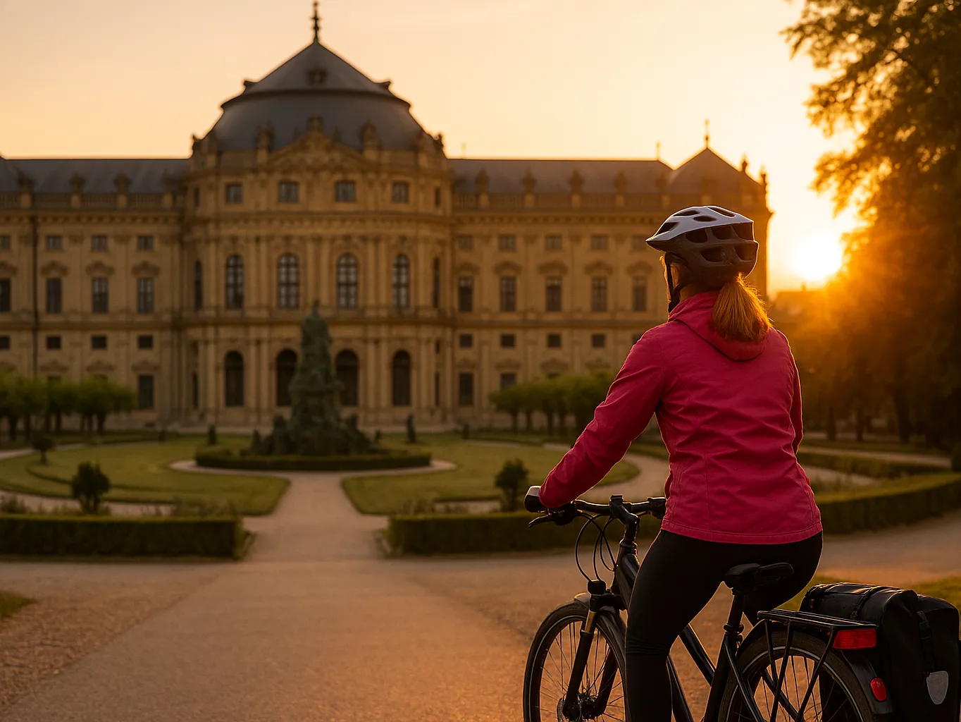 Radfahrerin bei Sonnenuntergang vor der Würzburger Residenz