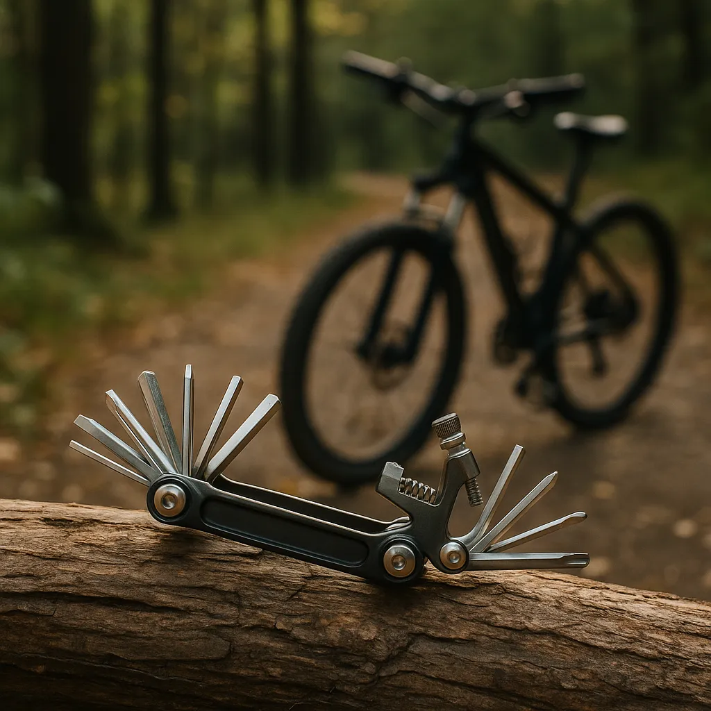 Multitool geöffnet auf einem Baumstamm, im Hintergrund ein Mountainbike im Wald