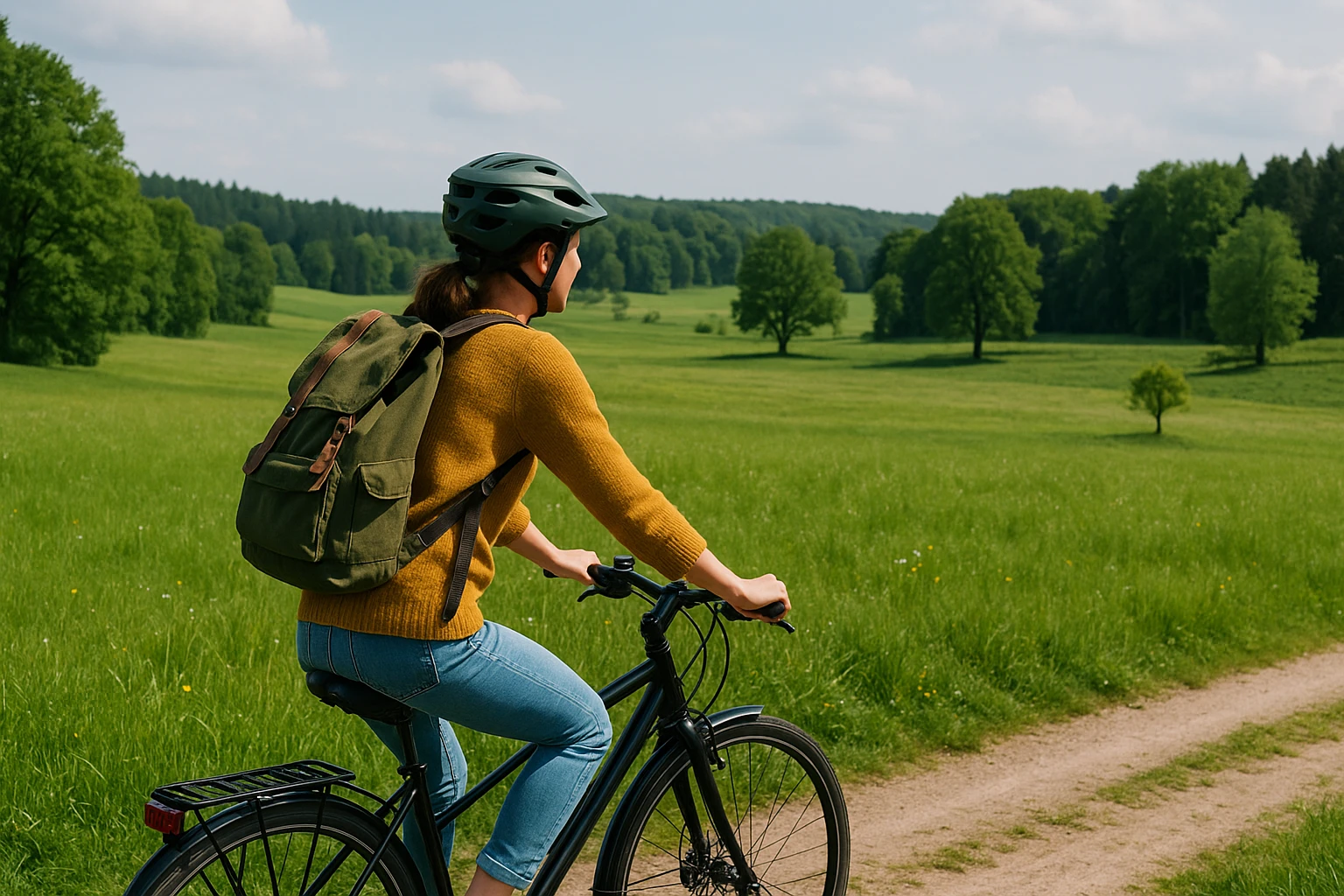 Radfahrerin fährt durch grüne Landschaft, Symbol für nachhaltiges Radfahren
