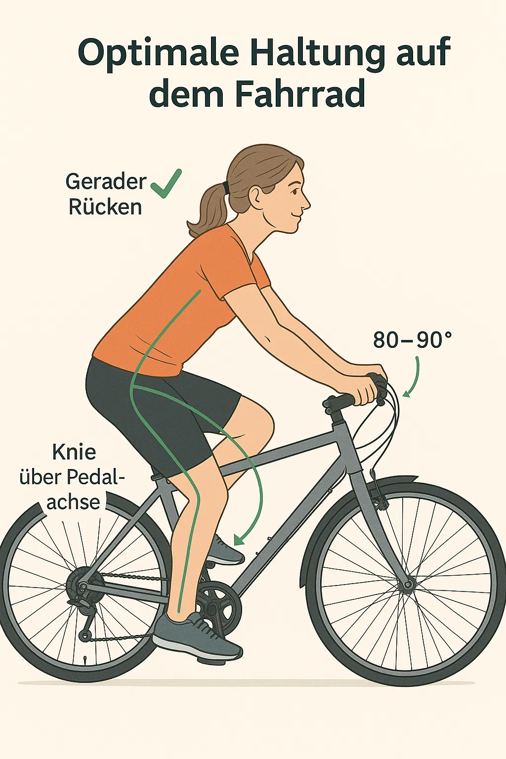 Illustration optimale Haltung auf dem Fahrrad: gerader Rücken, Knie über Pedalachse, 80–90° Armwinkel
