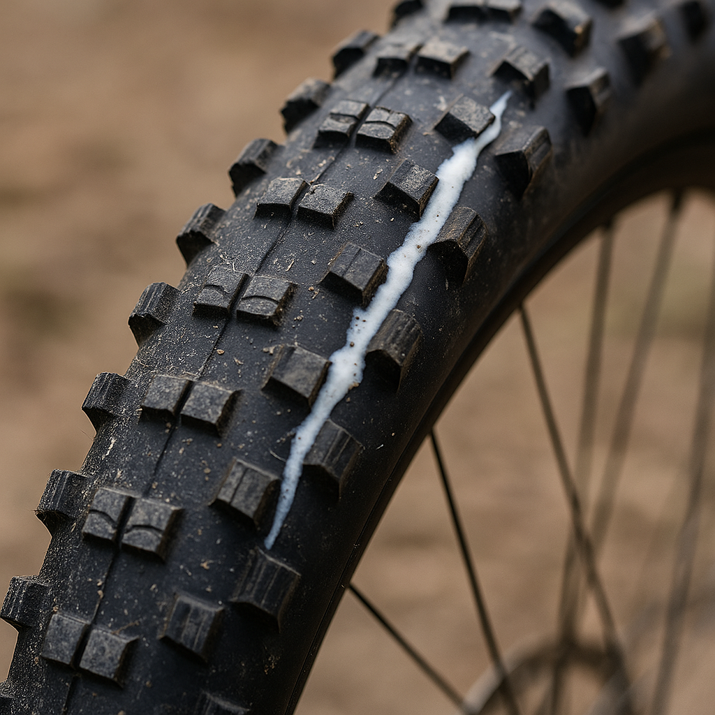 Fahrradreifen mit Dichtmilch nach Panne – weiße Spur sichtbar