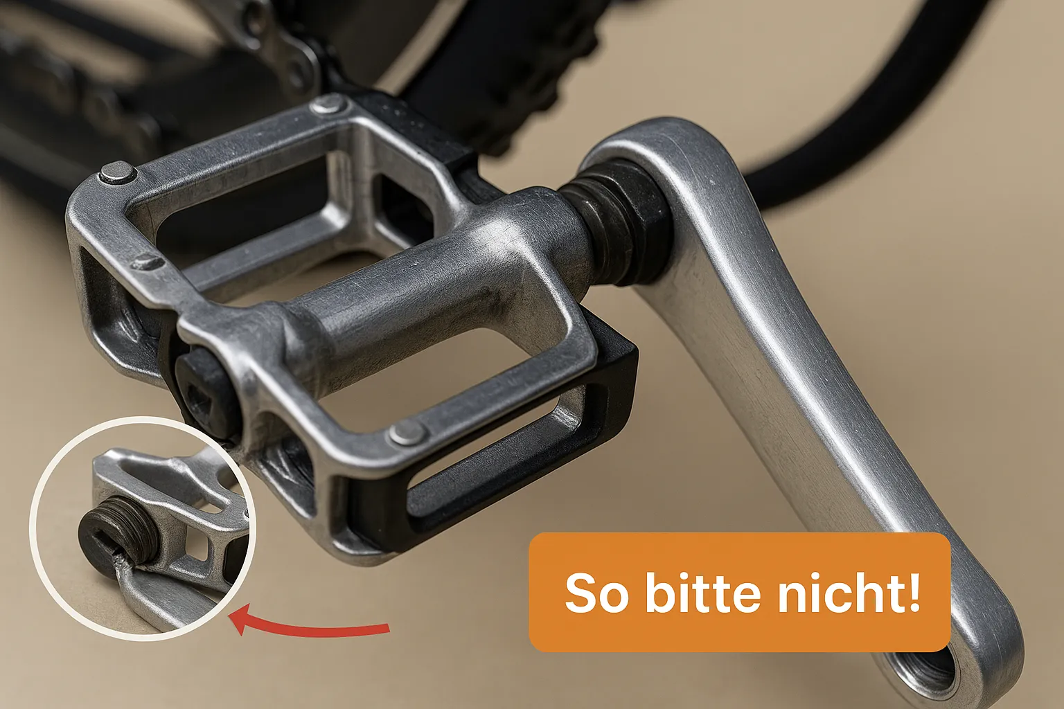 Pedal falsch eingeschraubt mit Warnhinweis
