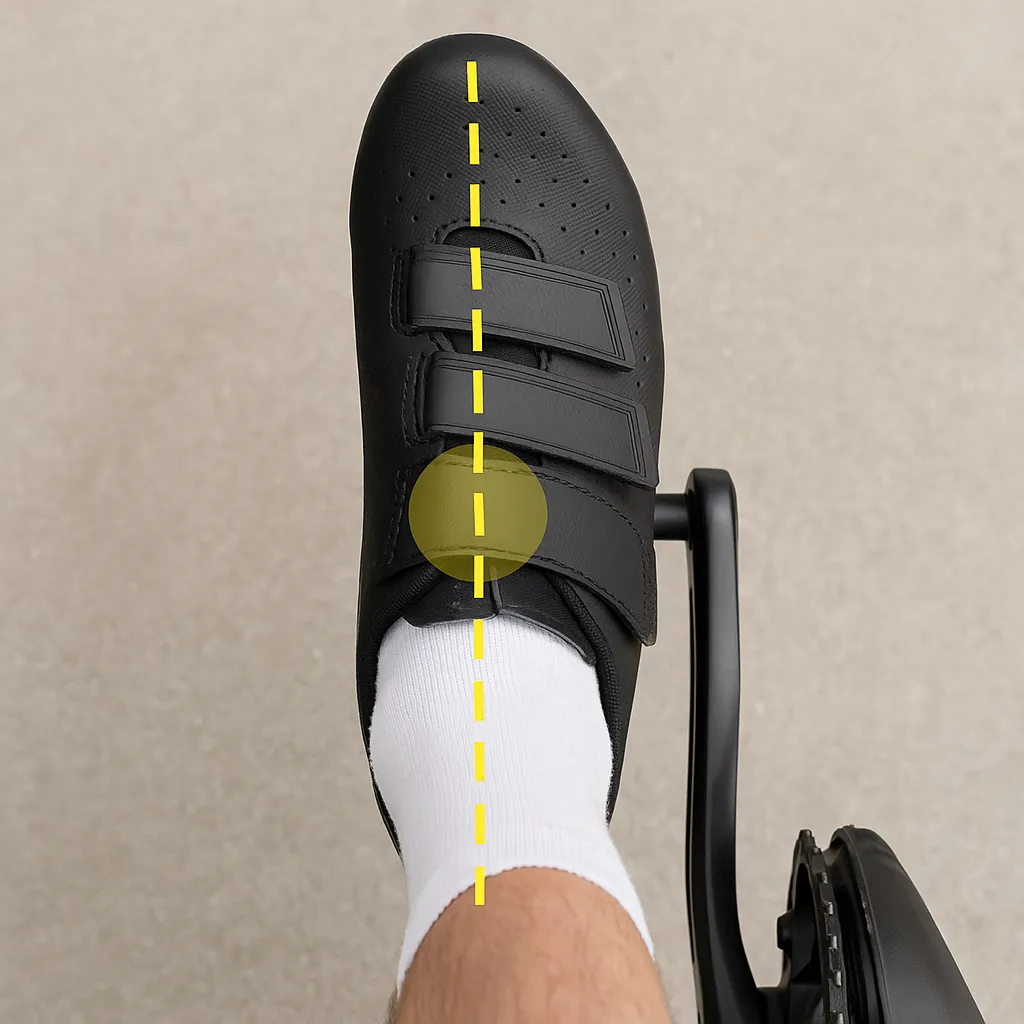 Fußposition auf Plattformpedal von oben mit Markierung über der Achse