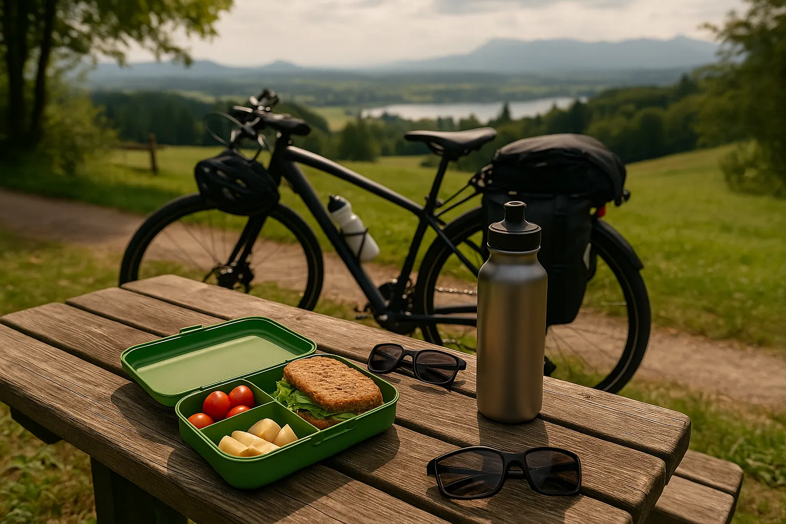 Lunchbox und Fahrrad mit Ausblick auf Landschaft