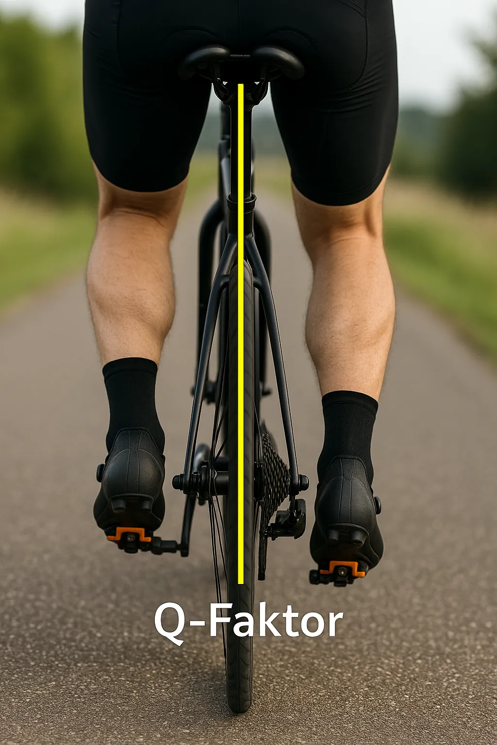 Rückansicht eines Radfahrers mit Markierung der Beinachse zum Q-Faktor