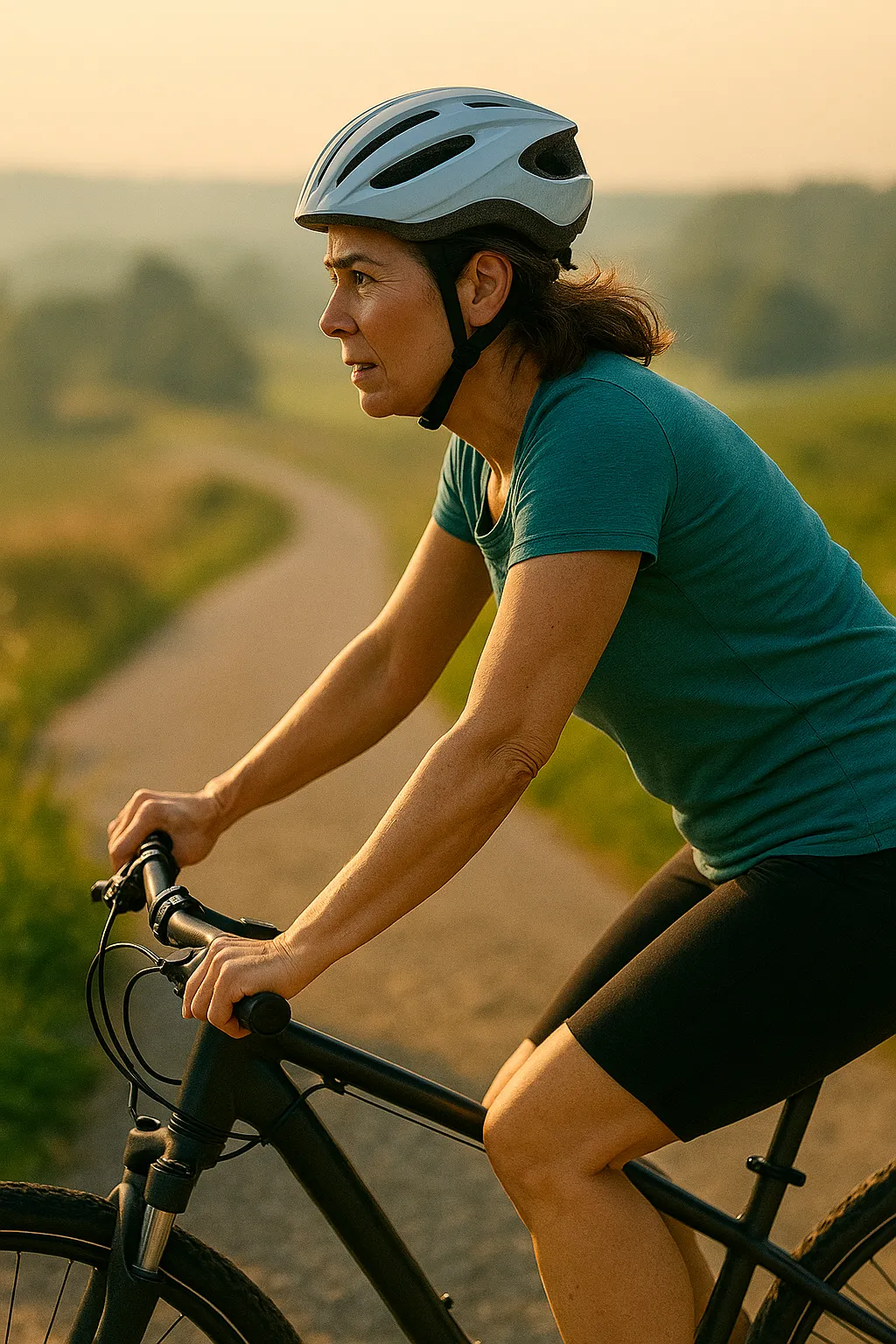Frau trainiert auf Rennrad bei Sonnenuntergang auf Landstraße