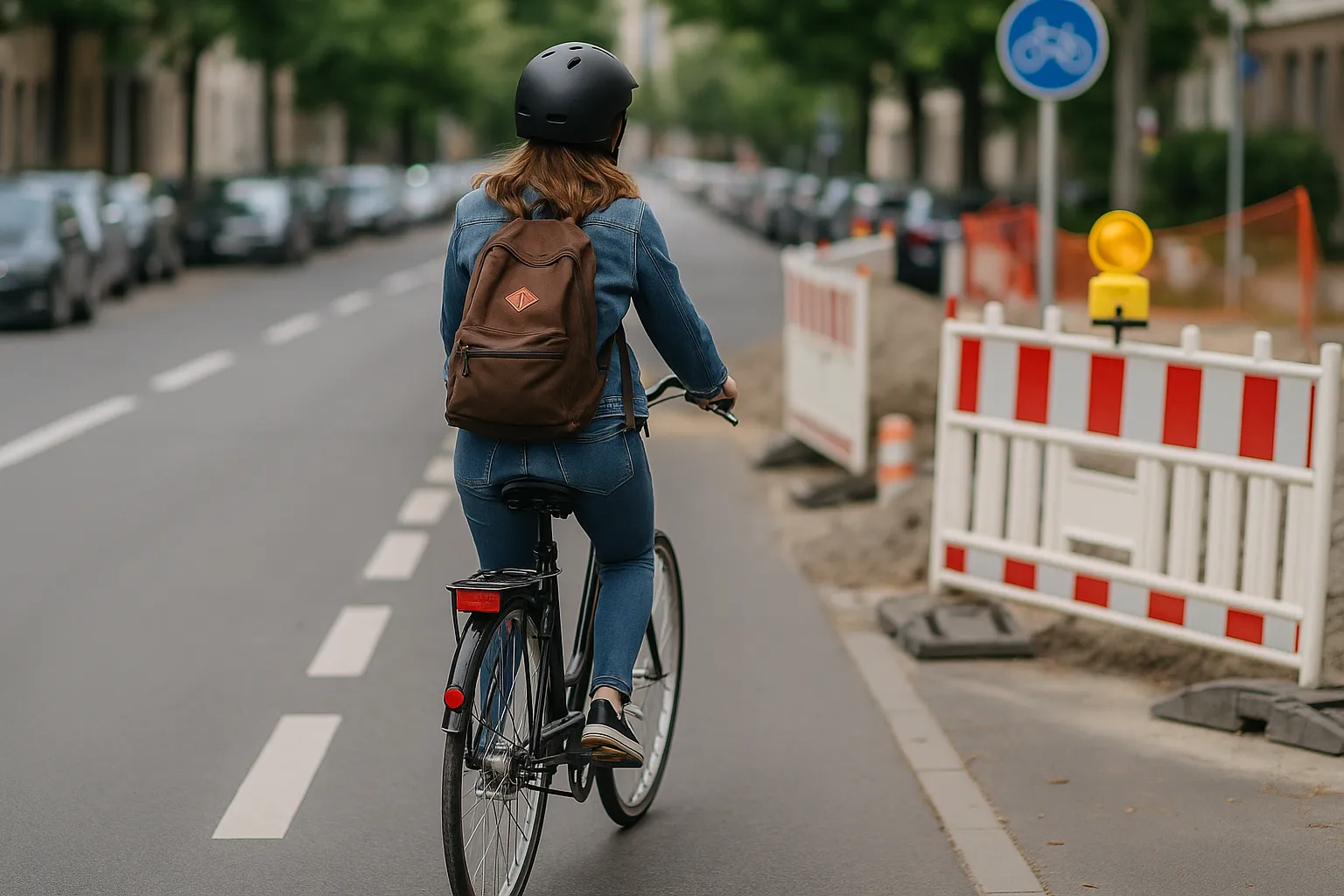 Radfahrerin weicht auf die Straße aus, da der Radweg durch Baustelle blockiert ist