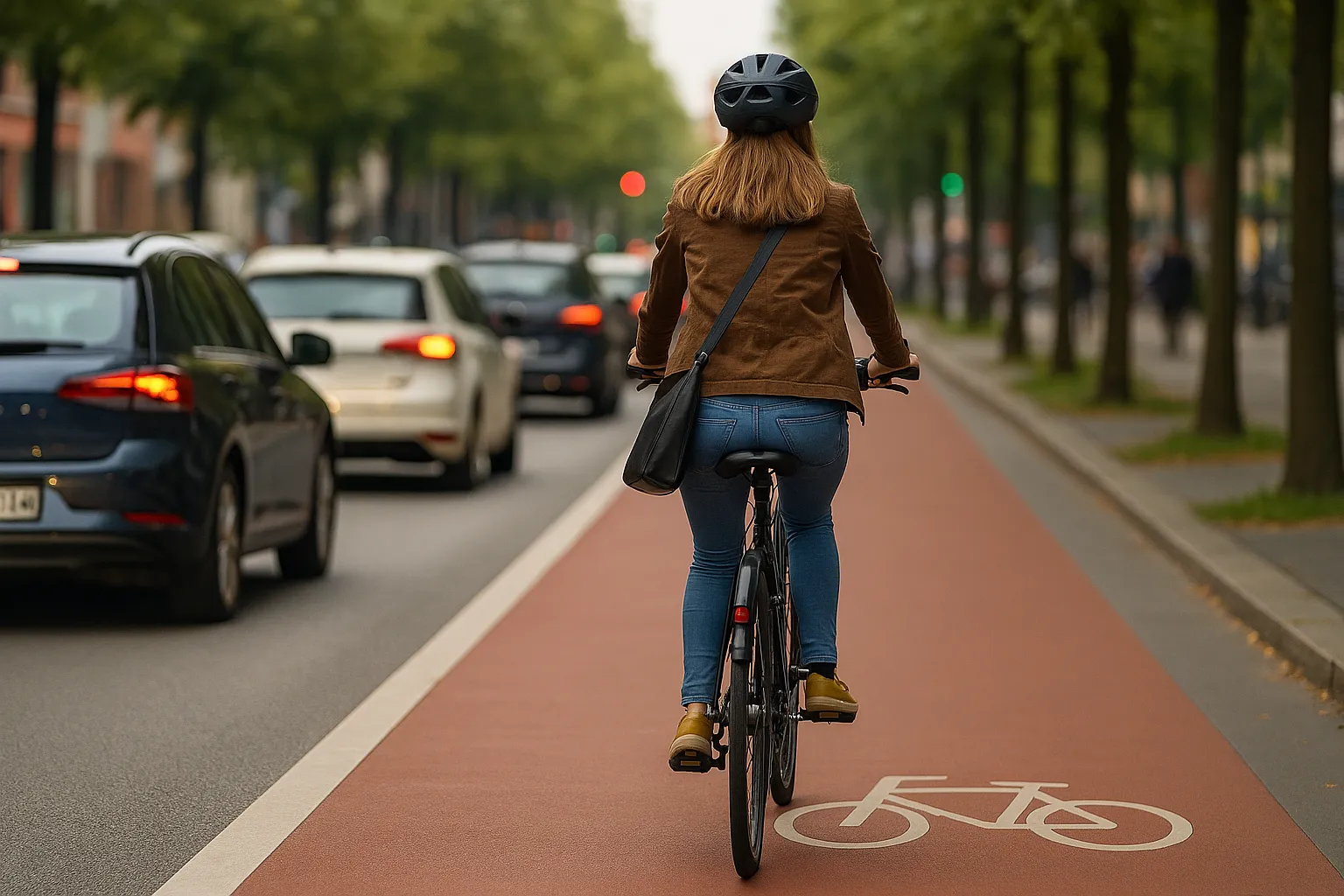 Radfahrerin auf rotem Radweg im Stadtverkehr neben Autos und Bäumen