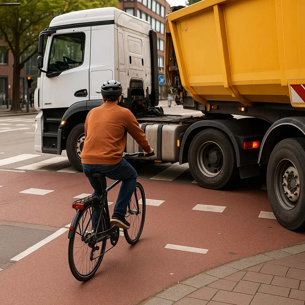 Radfahrer neben rechts abbiegendem LKW an Kreuzung – Risiko toter Winkel
