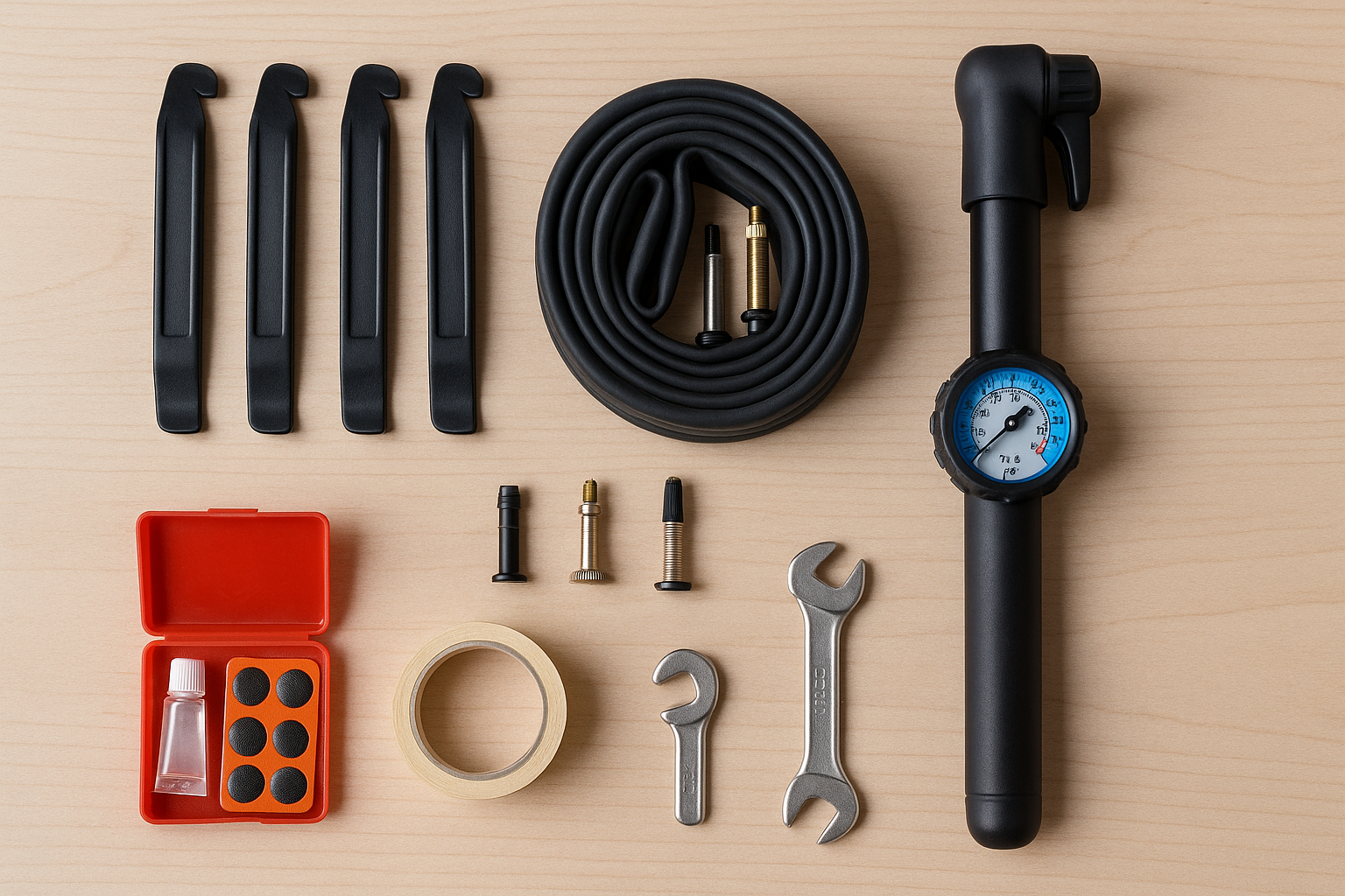 Übersicht: Reifenheber, Schlauch, Pumpe, Sechskantschlüssel, Flickzeug und Felgenband