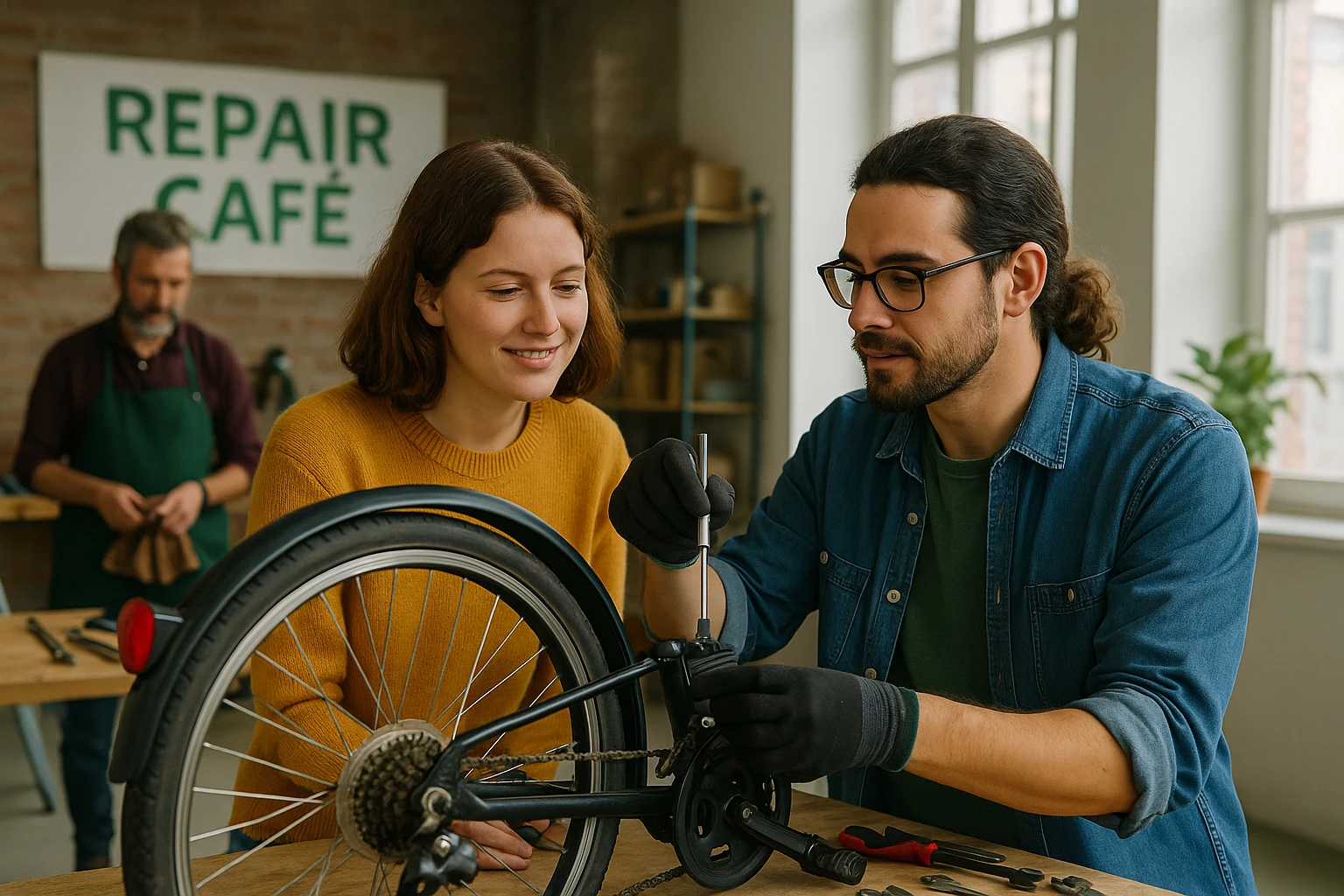 Menschen reparieren gemeinsam Fahrräder in einem Repair Café