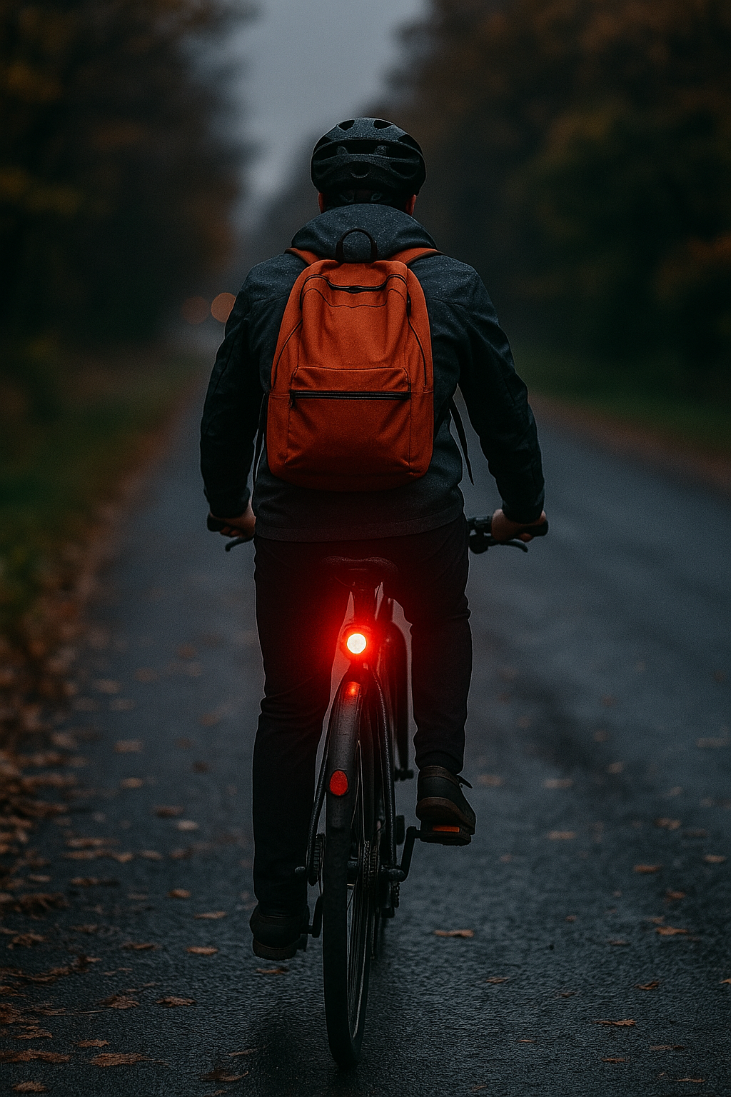 Rotes Rücklicht eines Fahrrads in der Dämmerung auf nasser Straße