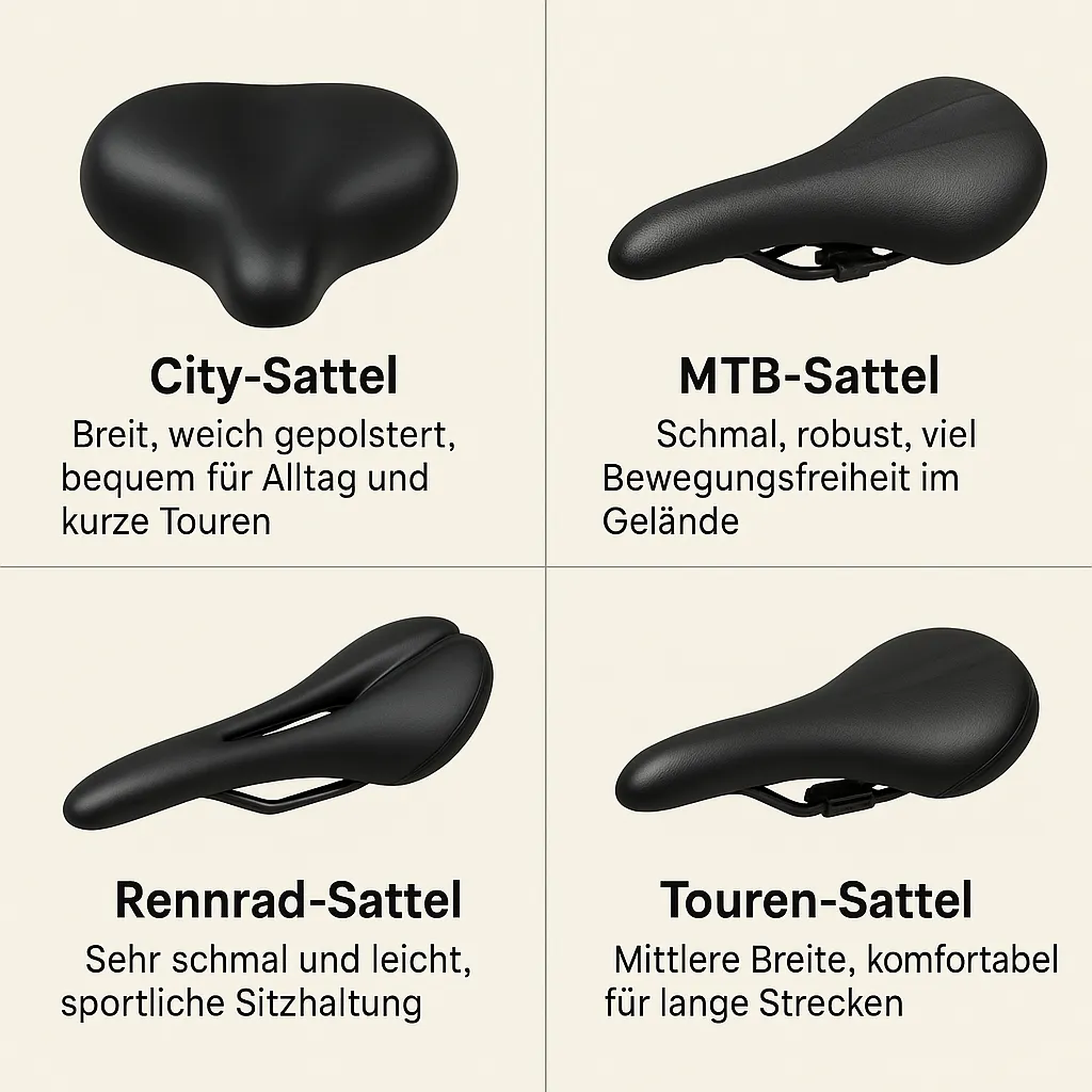 Vergleich verschiedener Fahrradsattelarten: City-, MTB-, Rennrad- und Tourensattel