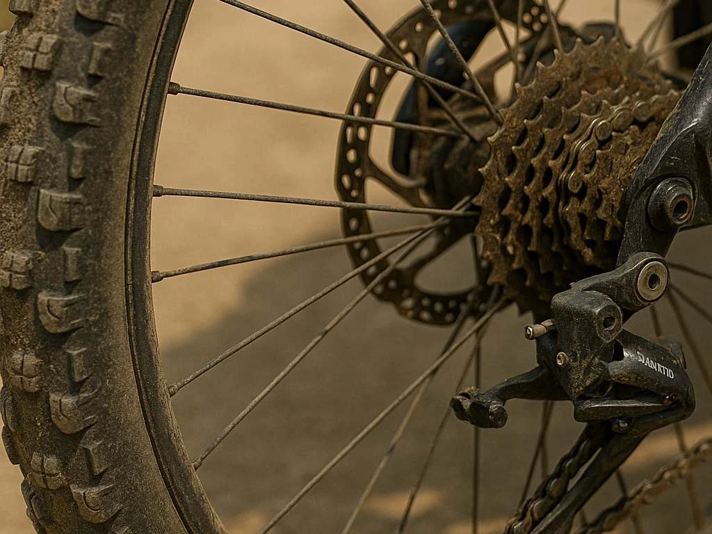 Nahaufnahme einer verschmutzten Fahrrad-Kettenschaltung mit Kassette