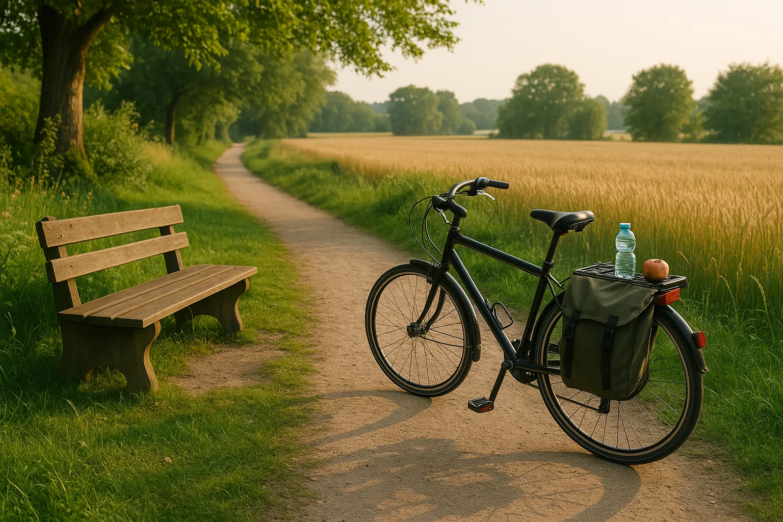 Fahrradpause mit Apfel und Wasserflasche