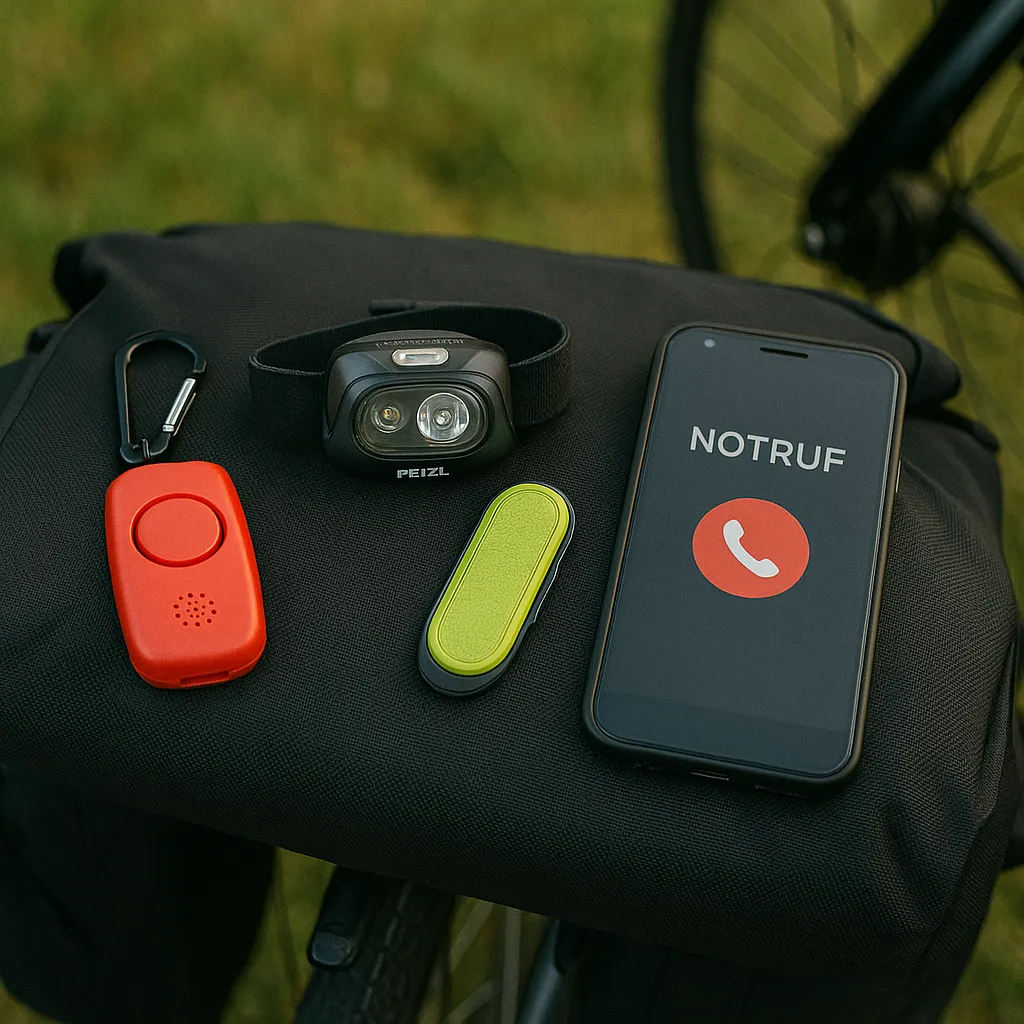 Sicherheitsausrüstung auf Fahrradtasche: Taschenalarm, Stirnlampe, Reflektor, Handy