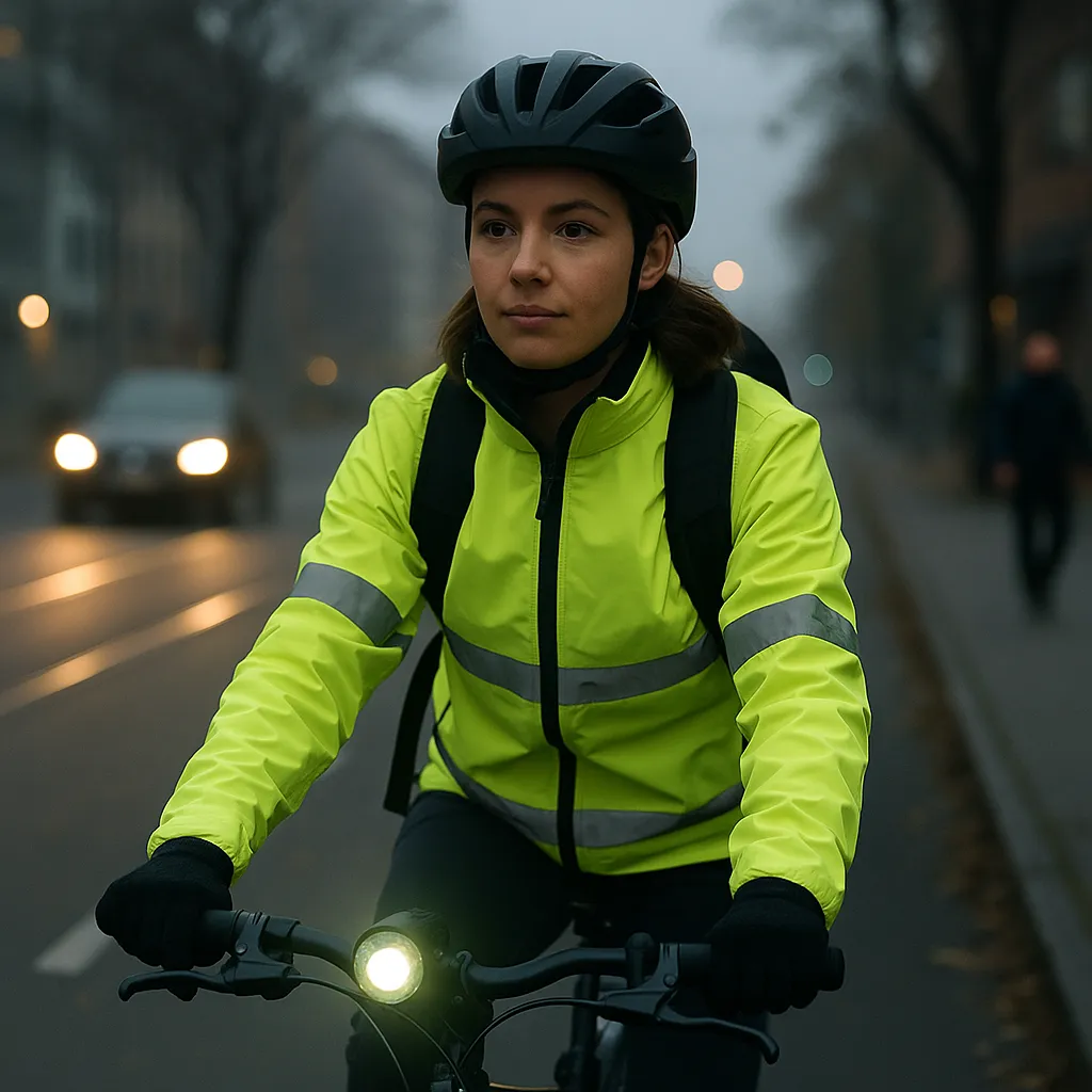 Radfahrerin mit Helm und reflektierender Jacke bei Dämmerung im Stadtverkehr
