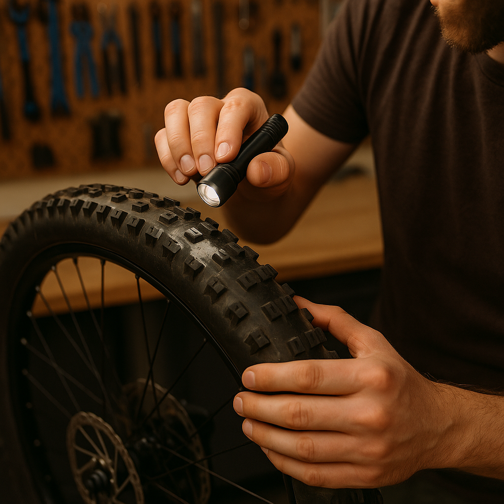 Kontrolle des Tubeless-Reifens mit Taschenlampe an der Seitenwand