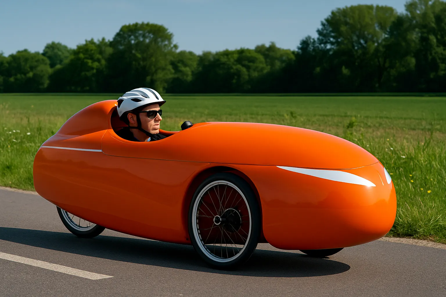 Velomobil auf Radweg bei Sonnenschein