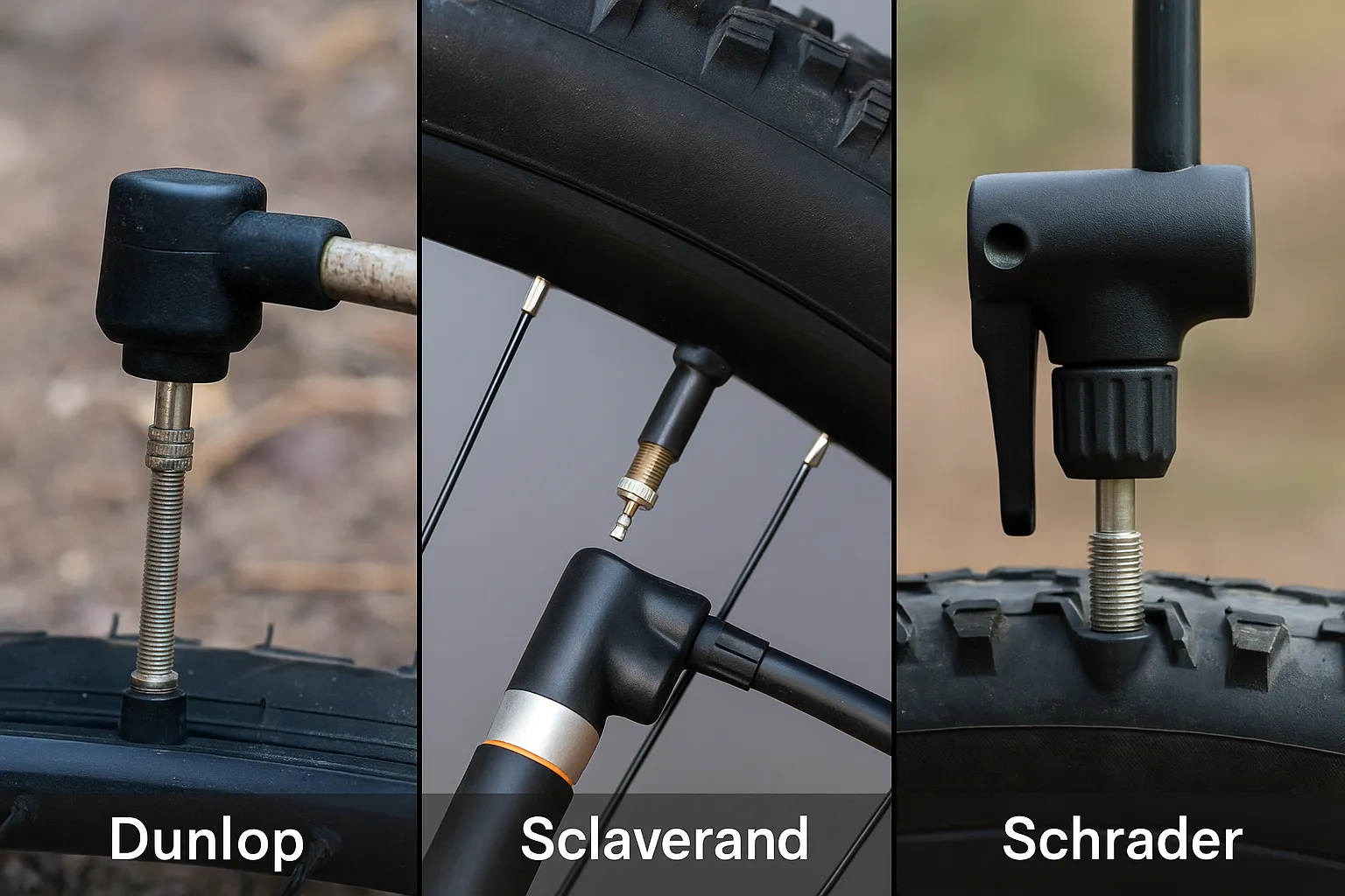 Drei Ventile im Einsatz: Dunlop, Sclaverand und Schrader mit Pumpenköpfen