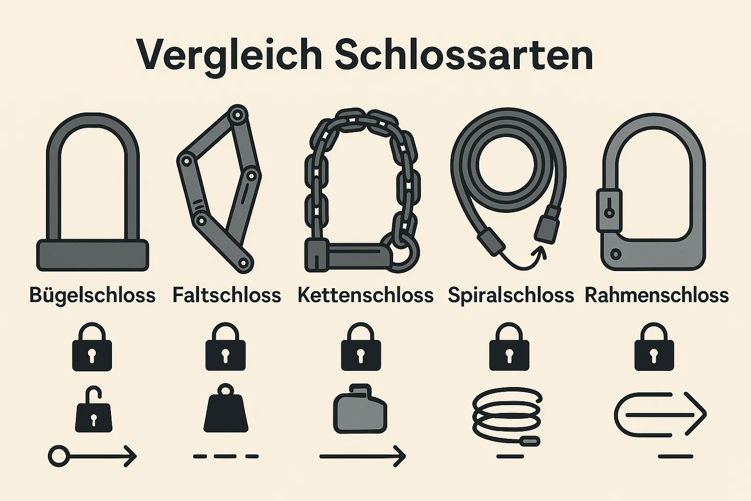 Vergleich verschiedener Fahrradschlossarten mit Icons für Sicherheit, Gewicht und Flexibilität