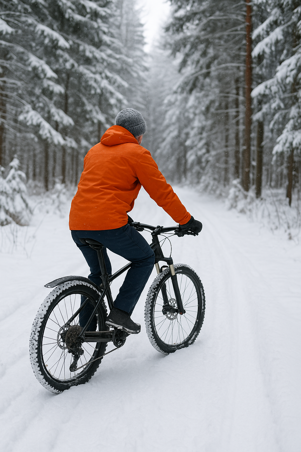 Radfahrer im Winter auf verschneitem Waldweg – winterliches Fahrradmotiv