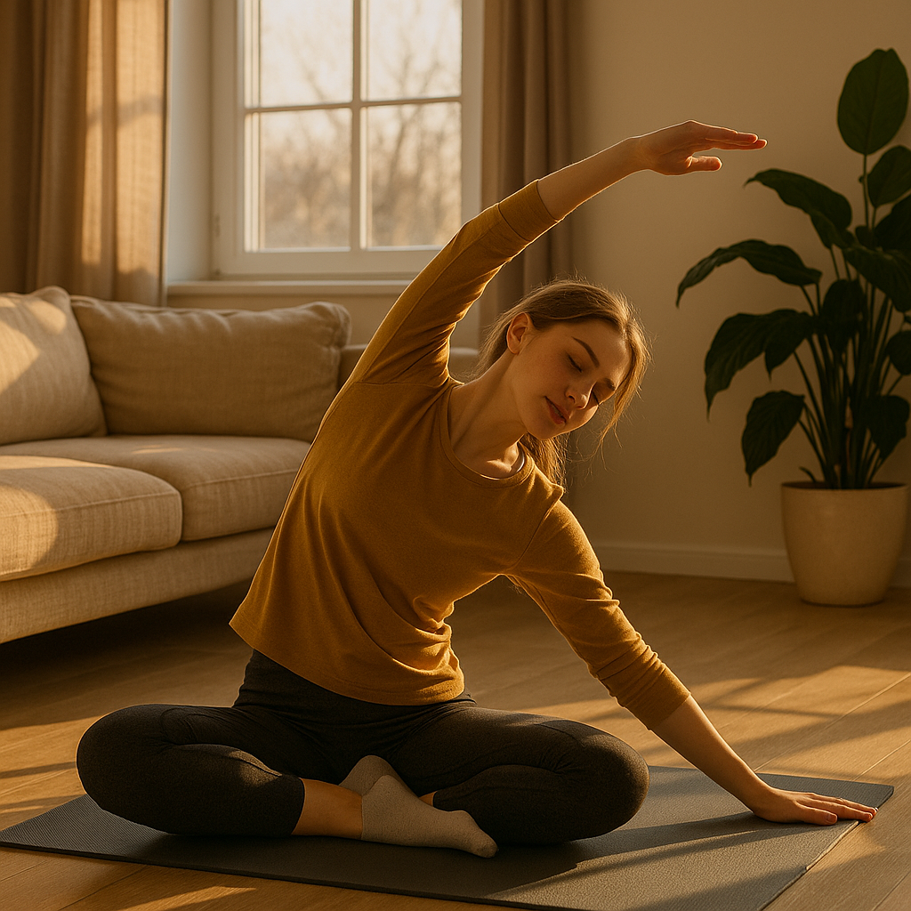 Dehnübungen im Wohnzimmer mit Winterlicht